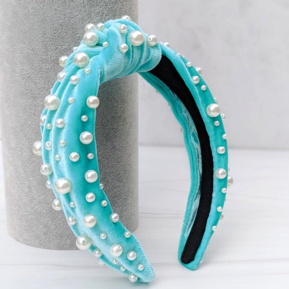 Tiffany Blue Pearl Knot Velvet Headband Pearl Beads Handmade Knotted Turban main image 6